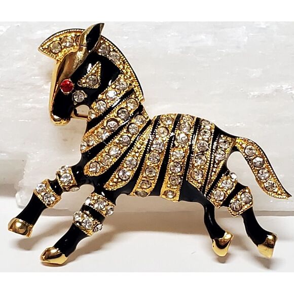 VTG Brooch Zebra Prancing Rhinestones Black Enamel/ Gold/Ruby Eye Stamped 11089 - Picture 1 of 12